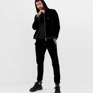 Men's <b>Black</b> Velour Hooded Tracksuit Full Zip Casual Joggers Solid Color Breathable Polyester Autumn Wear - Product Image 1