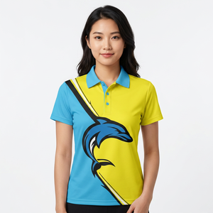 Polo de Manga Corta para Hombre con Estampado de Delfín, Bloques de Color Amarillo y Azul, Corte Casual, Tejido de Poliéster Transpirable, Estilo Regular - Product Image 3