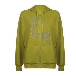 Sweat à capuche zippé personnalisé bleu avec strass dragon pour hommes et femmes, en molleton de coton hiver, écologique, respirant, OEM - Product Image 5
