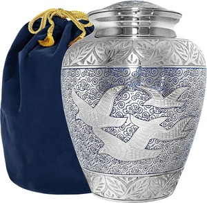 Heavy Duty Silver Cremation <b>Urn</b> for Adult Human Ashes with Birds Going Home <b>Large</b> Aluminium <b>Urn</b> Classic <b>Urn</b> and Velvet Bag - Product Image 1