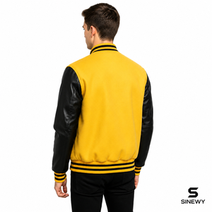 Veste universitaire jaune pour homme SINEWY, manches en cuir PU, col rabattu, vêtement décontracté pour l'automne - Product Image 3