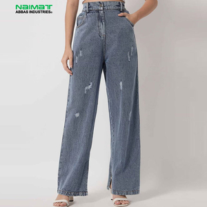 High Waisted Paperbag Denim Trousers Distressed Wide Leg Culottes Acid Wash Relaxed Fit Ripped Cotton Jeans - Product Image 1