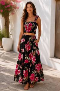 Women's Floral Print Knee-Length Halter <b>Elastic</b> Waist Bohemian Loose Chiffon Rayon Summer Casual Breathable Eco-Friendly Pockets - Product Image 1