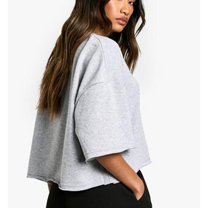 T-shirt crop top oversize de haute qualité pour femme, décontracté, à épaules tombantes, col rond, couleur unie, coupe ample, style streetwear - Product Image 2