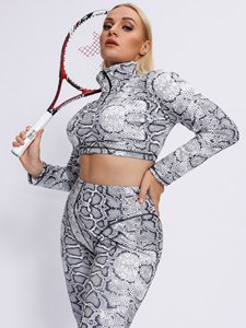 Conjunto Deportivo de 2 Piezas con Estampado de Serpiente para Mujer, Top Corto de Cuello Alto de Manga Larga, Leggings hasta el Tobillo, Tejido de Punto, Spandex, Poliéster, Transpirable - Product Image 5