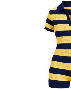 Combinaison en tricot rayée bleu marine et jaune citron pour femme, manches courtes, col polo, été, décontractée, une pièce, coupe ajustée, personnalisée - Product Image 3