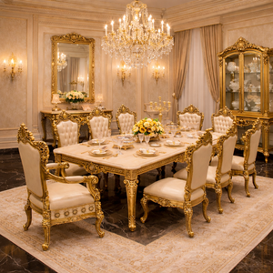 Victorian Era Inspired <b>White</b> Gold Round <b>Dining</b> Set Buy Durable 10-Seater <b>Dining</b> <b>Table</b> With Chairs Premium <b>Dining</b> Room Furniture - Product Image 5