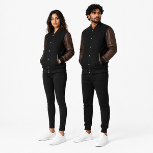 Veste universitaire unisexe noire avec manches en cuir PU marron, coupe classique, col rabattu, fermeture boutonnée, vêtement décontracté pour l'automne - Product Image 4
