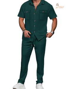 Men's Green Short Sleeve Shirt And Long <b>Pants</b> Casual Two-Piece Set Turn-<b>Down</b> Collar Breathable Knitted Cotton Summer Wear - Product Image 2