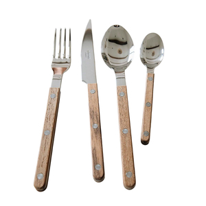 Juego de cubiertos al por mayor con acabado dorado, tenedor, cuchillo y cuchara de acero inoxidable con mangos de madera modernos para vajilla de cocina. - Product Image 5