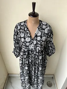 Women's Boho Black <b>White</b> Floral Block Print Tie-Neck Loose Midi Dress 3/4 Flutter Sleeve Casual Summer Woven Dress - Product Image 1