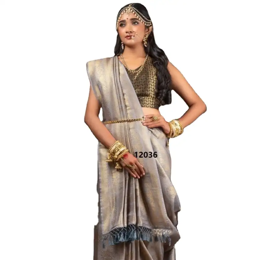 Sari di seta Katan Banarasi morbida alla moda con argento puro e oro zari tesse per matrimonio e festa per donna 2022