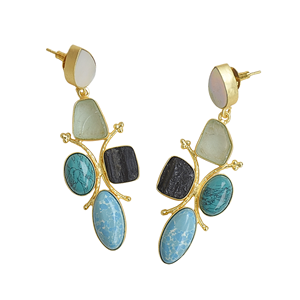 Pendientes Colgantes de Latón Natural con Perlas y Piedras Naturales, Diseño de Latón Satinado, Pieza de Moda, Turquesa, Estilo Bohemio Clásico - Product Image 3