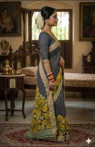 Sari indien traditionnel en soie avec imprimé floral GRIS JAUNE pour femme, tenue de mariage, coupe classique, longueur au sol, provenant d'Inde - Product Image 2