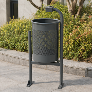 Contenedor de Basura Metálico Perforado Gris para Exteriores con Soporte, Cesto de Residuos Público para Parques y Calles con Cenicero Superior - Product Image 3