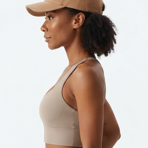 Hot Selling Women <b>Racerback</b> Sports Bra Beige Medium Support Breathable Printed Logo Front Fitness Workout <b>Top</b> For Gym Wear - Product Image 2