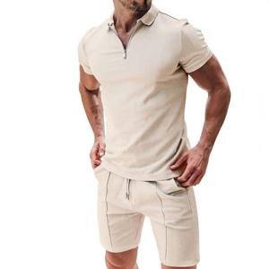 Ensemble polo à col zippé et short pour homme, beige uni, vêtements décontractés d'été, tissu tricoté respirant - Product Image 1