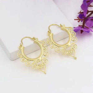 Handmade Gold Plated Spiral Hoop <b>Earrings</b> Intricate Heart Scrollwork Boho Tribal Statement Jewelry for Women - Product Image 2