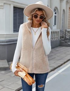 <b>Women's</b> <b>Beige</b> Faux Fur Vest Stand Collar Zipper Closure Sleeveless Outerwear Casual Style Solid Color Velour Fabric OEM - Product Image 3