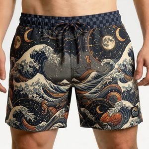 Men's Navy Wave <b>Pattern</b> Quick Dry Swim Trunks Mid Waist Drawstring Casual Board Shorts 100% Polyester Woven Fabric - Product Image 1