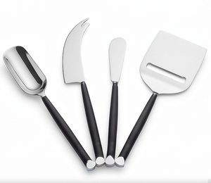Juego de cuchillos para queso modernos de acero inoxidable con mangos negros, herramientas metálicas duraderas para servir queso y uso en restaurantes. - Product Image 1