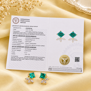 Modern 14KT Solid Yellow Gold Lab Grown Diamond and Colombian <b>Emerald</b> <b>Studs</b> <b>Earrings</b> IGI Certified Stylish Gift Women Jewellery - Product Image 6
