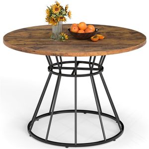 Table à manger ronde brune de 47 pouces pour 4 à 6 personnes avec base en métal en forme de sablier et plateau incurvé, taille familiale - Product Image 1