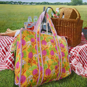 Sac fourre-tout d'été matelassé en coton imprimé à la main indien pour femme, motif géométrique multicolore avec fermeture éclair - Product Image 1