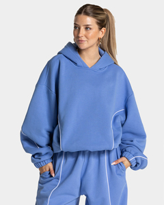 Sudadera con capucha informal extragrande para mujer, azul celeste con contraste, de forro polar premium, con ribetes, al por mayor - Product Image 1
