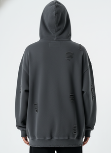 Sweat à capuche zippé effet vieilli pour homme, 100% coton 400 GSM, délavé à l'acide, style vintage déchiré, streetwear, broderie de logo personnalisée, fabricant OEM ODM - Product Image 4