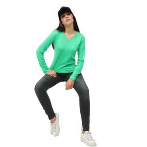 Camiseta de Manga Larga con Cuello en V Verde para Mujer, 100% Algodón, Tejido de Punto, Color Sólido Informal, Transpirable, Top de Primavera/Verano - Product Image 4