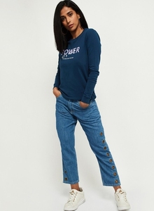 Sudadera de Manga Larga con Cuello Redondo para Mujer, Color Azul Marino, Estampado de Letras, Informal, de Algodón, Transpirable, para Otoño - Product Image 2