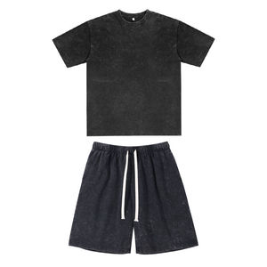 Conjunto de Dos Piezas Unisex de Algodón Lavado, Camiseta de Cuello Redondo y Pantalones Cortos con Cordón, Color Sólido, Estilo Casual de Verano, Corte Holgado, Talla Adulto 2026 - Product Image 1
