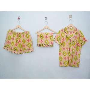 Conjunto de Pijama de Algodón con Estampado Floral Elegante para Primavera, Verano y Otoño, Pantalones Cortos con Cordón, Ropa Casual Sexy de Longitud Corta - Product Image 1