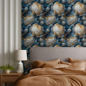 Grand papier peint floral vintage autocollant bleu marine foncé avec pivoines dorées et blanches, application facile, papier contact, décoration murale - Product Image 5