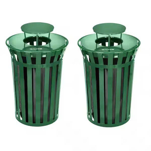 Contenedor de Basura Metálico Cilíndrico Resistente para Exteriores HD MECHANICAL VIETNAM, con Tapa Abierta y Listones, para Uso Público en Parques y Calles - Product Image 1