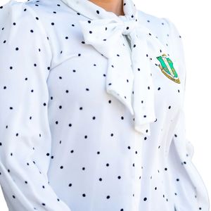 Chemisier à pois AKA pour femme, manches longues, col noué, blanc et noir, élégant, chic, décontracté, pour le bureau - Product Image 6