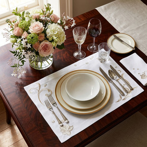 Custom Wholesale Handmade Luxury Traditional Embroidered Gold Leaves White 100% Linen Placemat Napkin Sets Washable Mats - Product Image 3