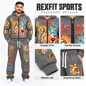 Ensemble de survêtement gris à imprimé graphique unisexe, sweat à capuche zippé et pantalon large, étiquette personnalisée, streetwear coloré, vente en gros - Product Image 1
