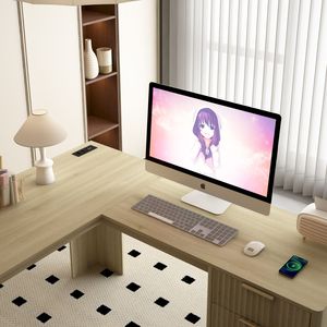 Escritorio de Estudio Moderno en Forma de L con Cajones y Estantería para Libros, Ideal para Oficina en Casa - Product Image 5