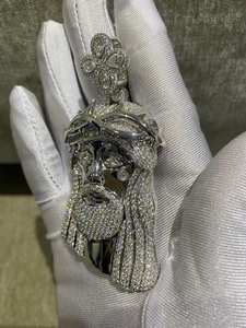 Colgante de Plata 925 con Moissanita Redonda, Diseño de Cabeza de Cristo, Corona de Espinas, Cruz, Estilo Iced Out, Amuleto Religioso - Product Image 2