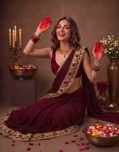 KV Women's Printed Bollywood for Blend Chiffon Border <b>Saree</b> (<b>Maroon</b>) Reversible Quick Dry Wrinkle Free - Product Image 1