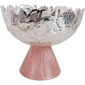 Handmade Carved Metal <b>Bowl</b> Traditional <b>Chinese</b> Design Silver Finish Pink Base Wedding Gifting Decor - Product Image 1