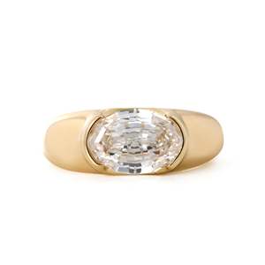 2.5ct Oval <b>Step</b> Cut Lab Grown Diamond Ring 14K Yellow Gold <b>Half</b> Bezel Set Engagement Ring Tapered Wide Band Lab Created Diamond - Product Image 6