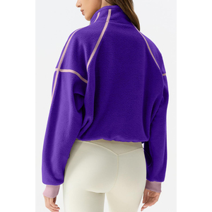 Sudadera extragrande de forro polar morado para mujer Harry Johnson con media cremallera, cuello alto, hombros caídos, manga larga y corte cropped, ideal para otoño. - Product Image 2