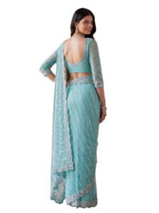 Sari en soie vert menthe élégant avec broderie de sequins, tenue de fête de mariage, style indien pakistanais, longueur au sol pour femmes - Product Image 2