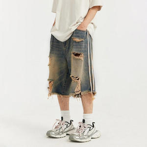 Pantalones Cortos de Mezclilla Holgados Desgastados al por Mayor, Estilo Vintage Lavado, Jorts de Algodón de Ajuste Holgado, Moda Casual Urbana para Hombre - Product Image 2