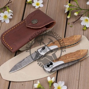 Nueva navaja de bolsillo Damasco hecha a mano y personalizada con mango de madera Pakka amarilla, las mejores navajas plegables para supervivencia y caza. - Product Image 3