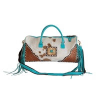 Sac de voyage en cuir de vachette avec franges turquoise, 100% cuir pleine fleur véritable, tendance, imperméable, durable, prêt à être expédié, en stock