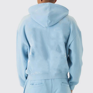 เสื้อฮู้ดดี้โอเวอร์ไซส์ทรงหลวมสำหรับผู้ชาย ล้างสีแบบแอซิดวอช มีซิป สไตล์สตรีทแวร์ลำลอง เหมาะสำหรับใส่ในฤดูใบไม้ร่วง สีฟ้าอ่อน ผลิตจากผ้าฝ้ายโพลีเอสเตอร์ 100% เฟรนช์เทอร์รี่ - Product Image 2